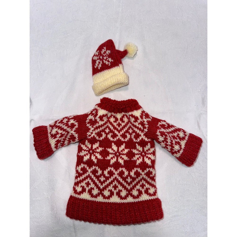 Handmade Knit Christmas Wine Bottle Sweater and Hat Set Red Cream Fair Isle